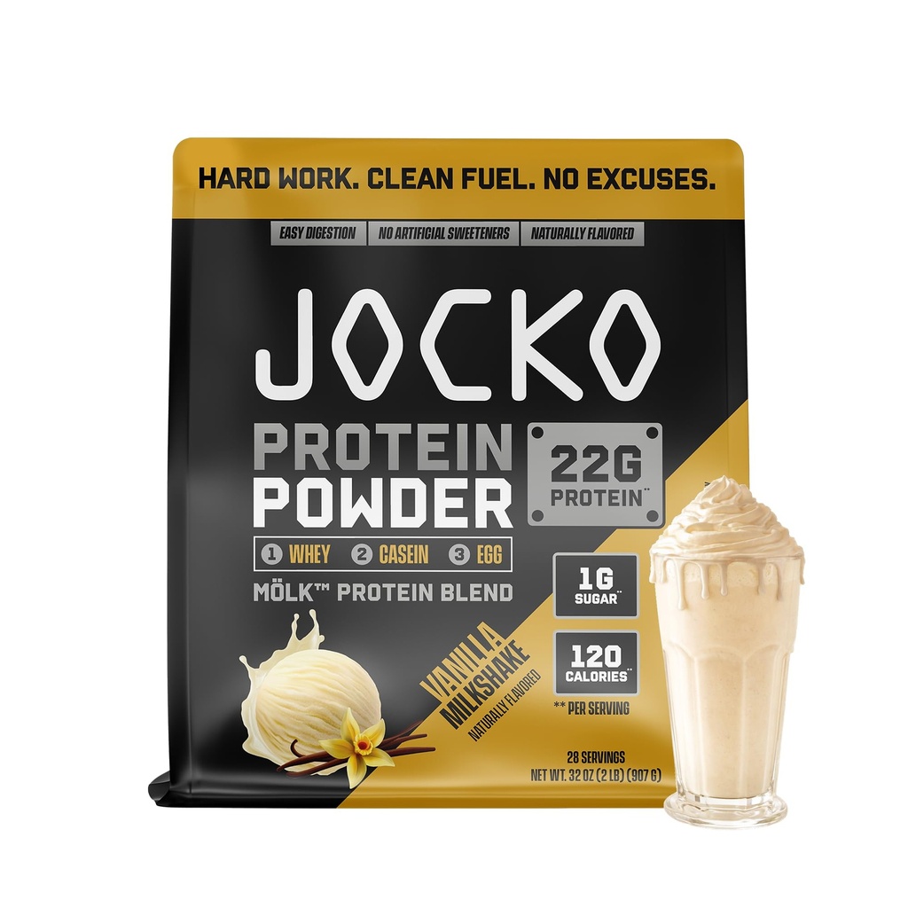 Jocko Fuel Mölk Whey Protein Powder 22g Beljakovine - Sadna mešanica z nizko vsebnostjo sladkorja Monk - Mišična regeneracija in rast, pakiranje maj Vary (28 Serving, Vanilla Milkshake)