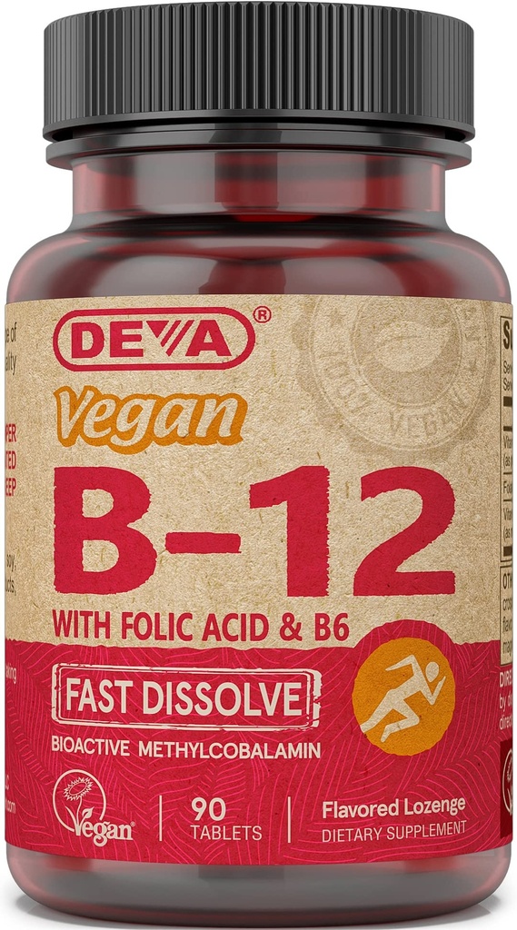 DEVA Vegan Vitamin B12 hitro raztopite dodatek - enkrat na dan kompleks z 1000 Mcg metilkobalamin B12, Folna kislina, B6 - limonina aroma - 90 Razrešljive tablete,