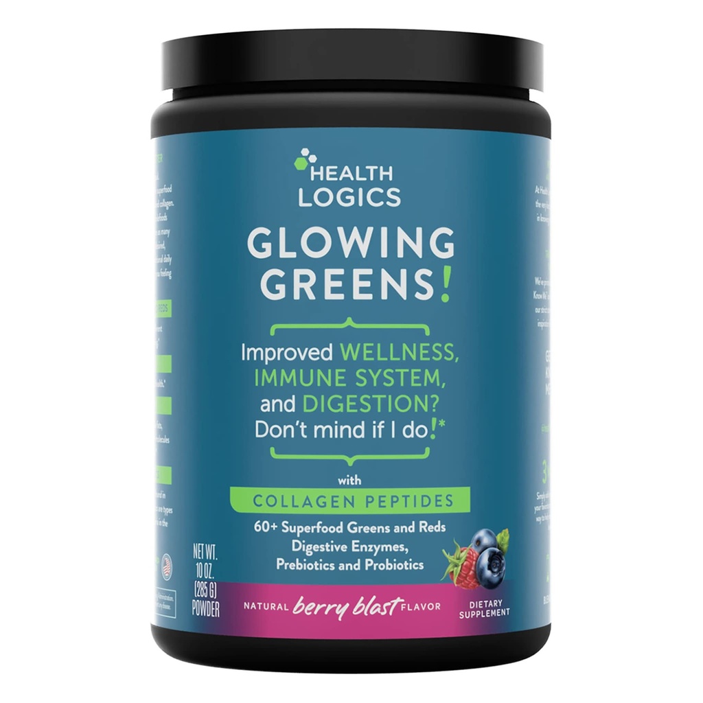 Health Logics Glowing Greens Superfood Powder s kolagen peptidi, Prebavne encime, Prebiotiki in probiotiki – Antioksidant, izboljšanje Wellness, Imune, Digestive in Gut Health Support