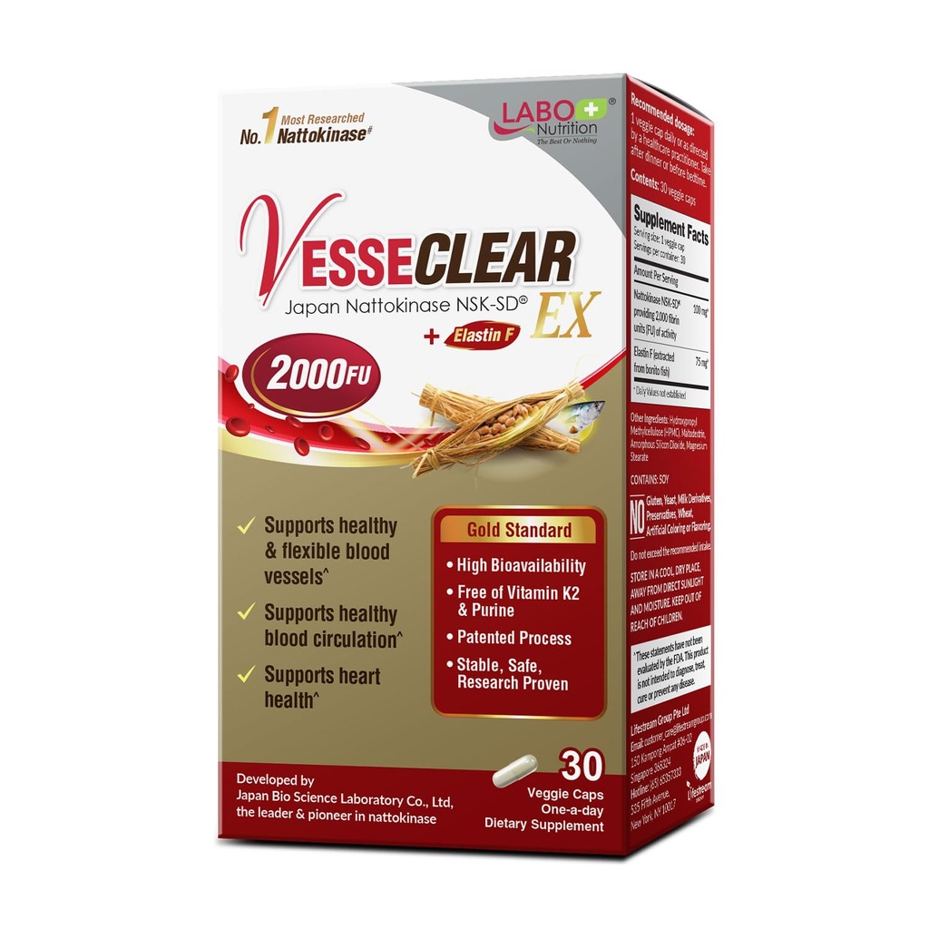 LABO Nutrition VesseCLEAR EX: Nattokinase NSK-SD+Elastin F za čisto in prilagodljivo krvno žilo. Japonski najbolj raziskovalni dokaz, funkcionalni odmerek, kislo-odporne/zapoznele kapsule