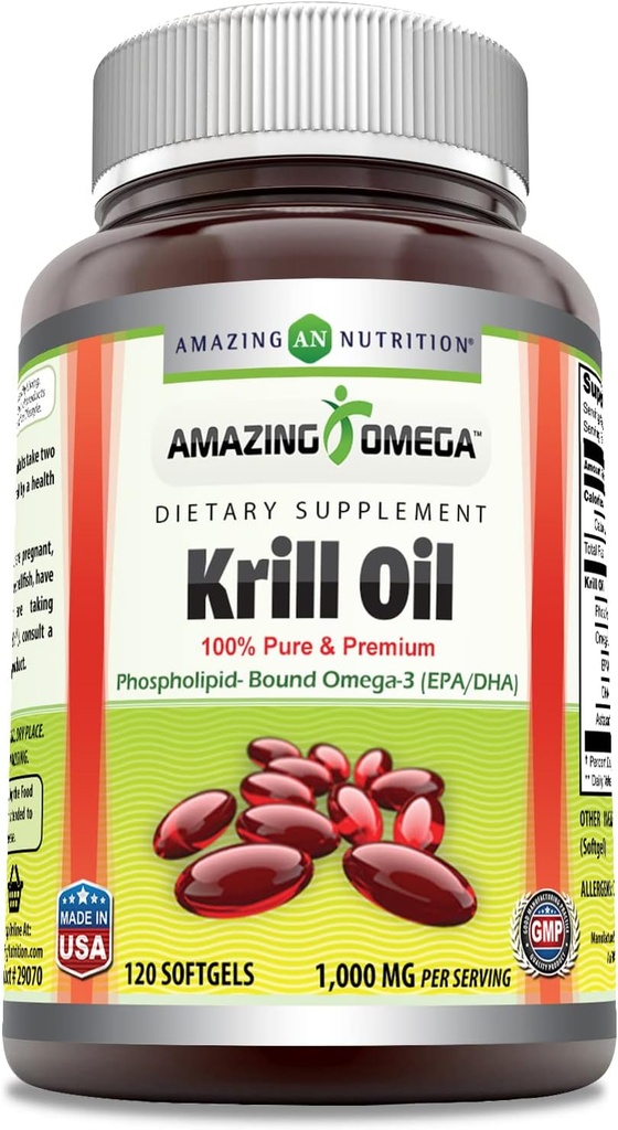 Amazing Omega Krill olje z Omega 3s EPA, DHA, fosfolipidi in astaksantin 1000 Mg na Serving 120 mehkih gelov dodatek 