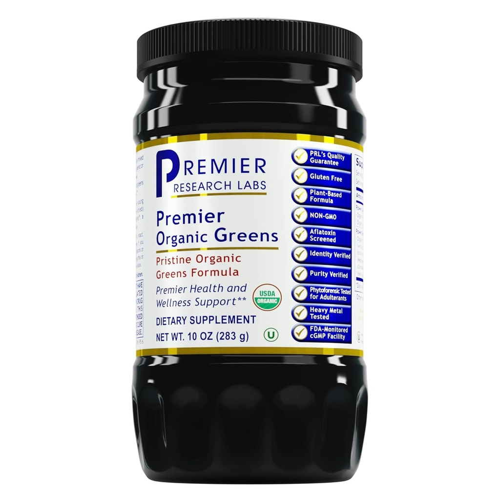 Premier Research Labs Premier Organic Greens - Super Greens Powder, Greens Superfood Powder for Pijače, Green Juice, Nutrition Support, Superzeleni za moške in ženske, Špinača, Alfalfa, Klorella - 10 oz