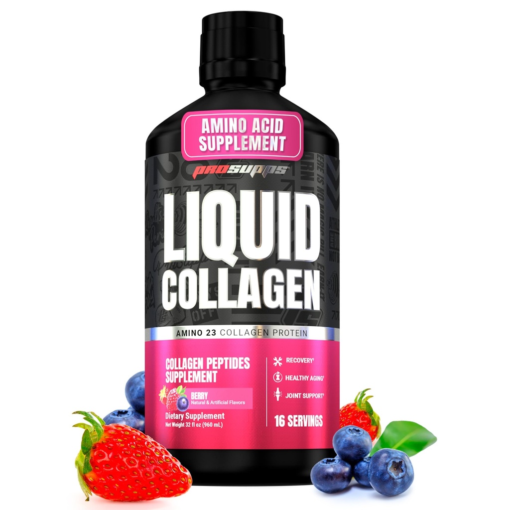 PROSUPPS Amino23 Liquid Collagen Shots, Berry - Kolagen Peptide Post Workout dodatek podpira zdravo staranje, sklepov, kože in las - Gluten-free & Zero sladkor - 16 Servings
