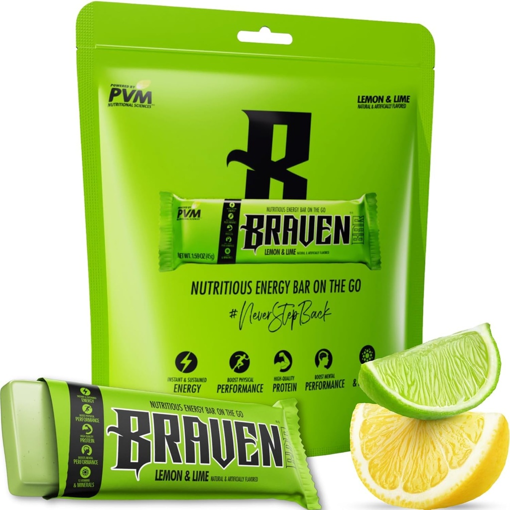 Braven Bar Lemon Lime Energy Bars (1.59 oz, Pack of 10) – Energijski žveči s 5g proteini – On-the-Go Energy Prigrizki za tek, pohodništvo in šport - Gluten brezplačni prigrizki za trajno povečanje energije