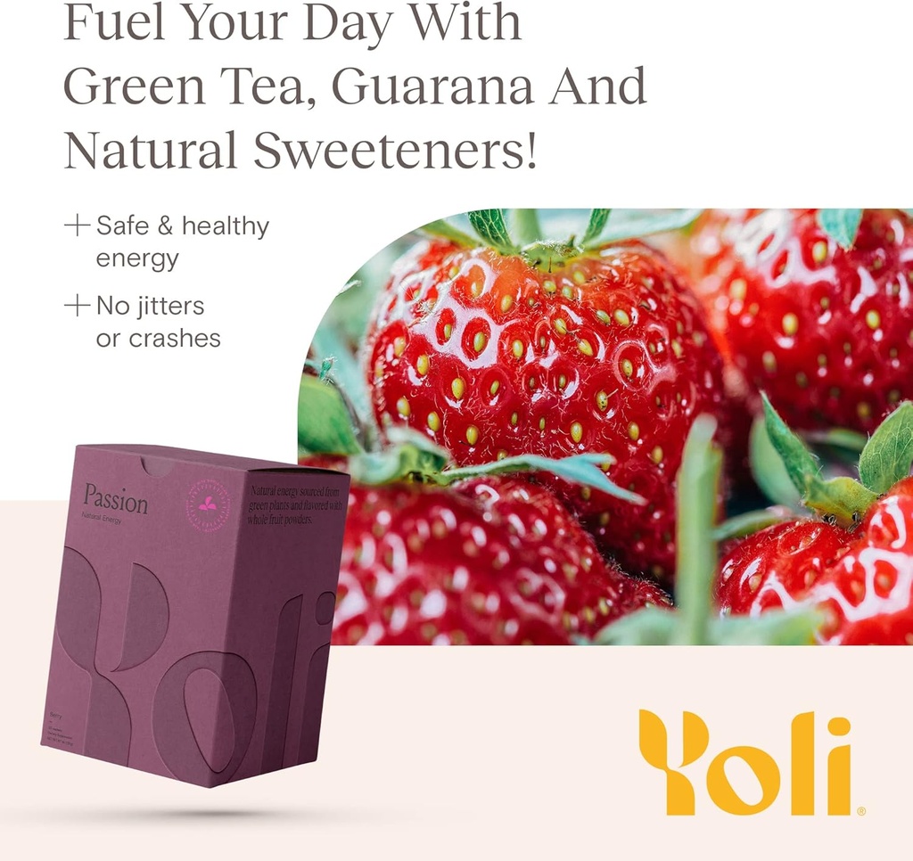 Yoli® Passion Energy Drink Powder Mix - Natural Energy Drink Mix za vzdržljivost in Stamina, 30 Paketov - Berry