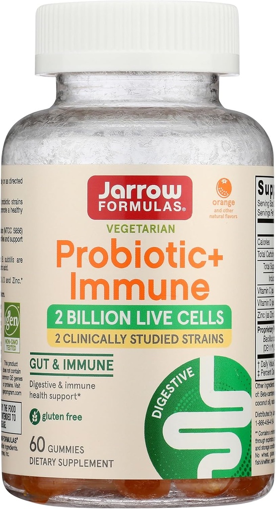Jarrow Formulas Probiotic+ Imune Gummies, 2 milijard CFU dopolnilo za prebavno zdravje in imunske podpore, 60 Orange Flavor Probiotic Gummies, 30 dan dobave