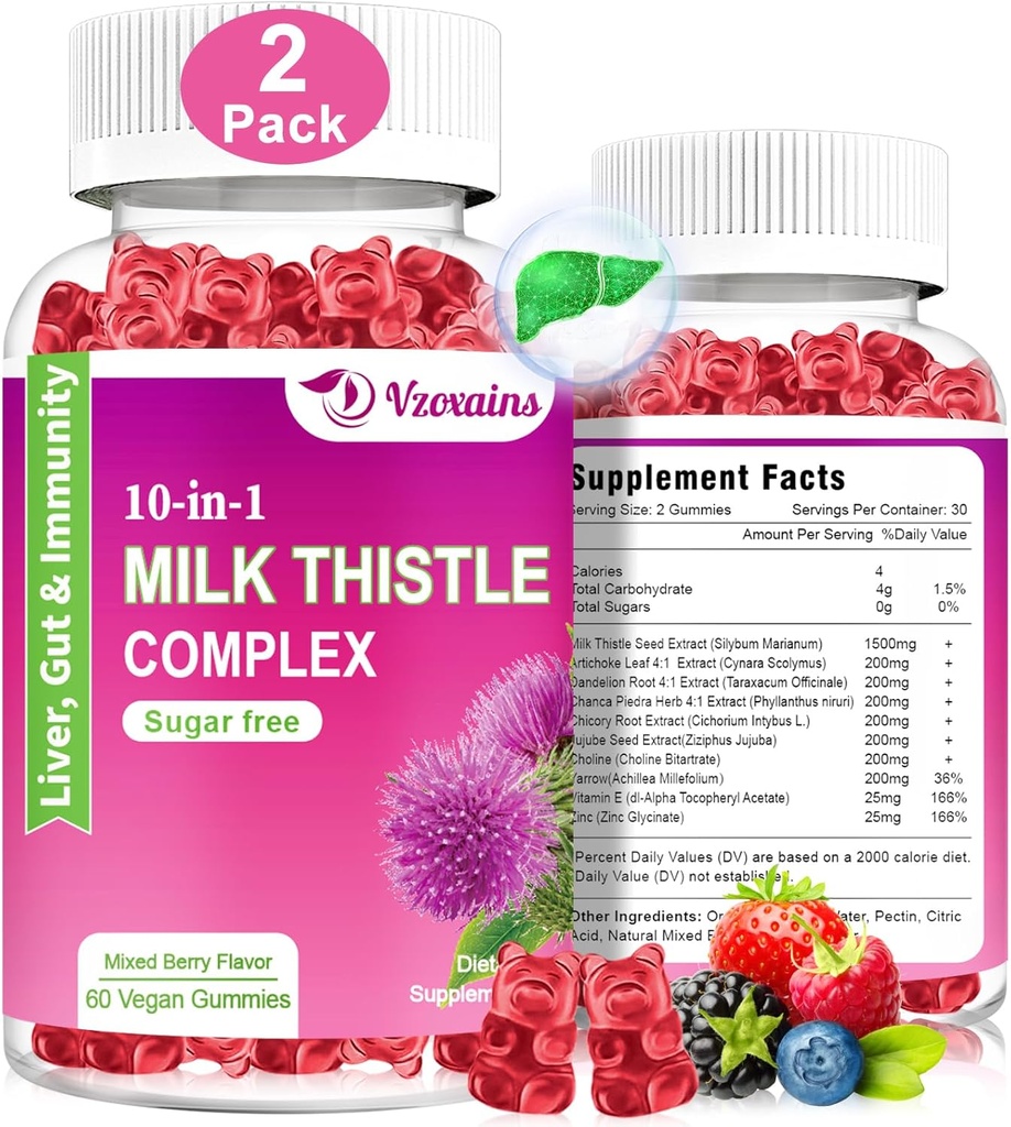 Mleko Thistle Gummies, 10 v 1 Zeliščna Formula za čiščenje jeter Detox Popravilo z Dandelion Root, Kurkurja, Artichoke Optimalna funkcija jeter in prebavni zdravje mešane jagodičja aroma
