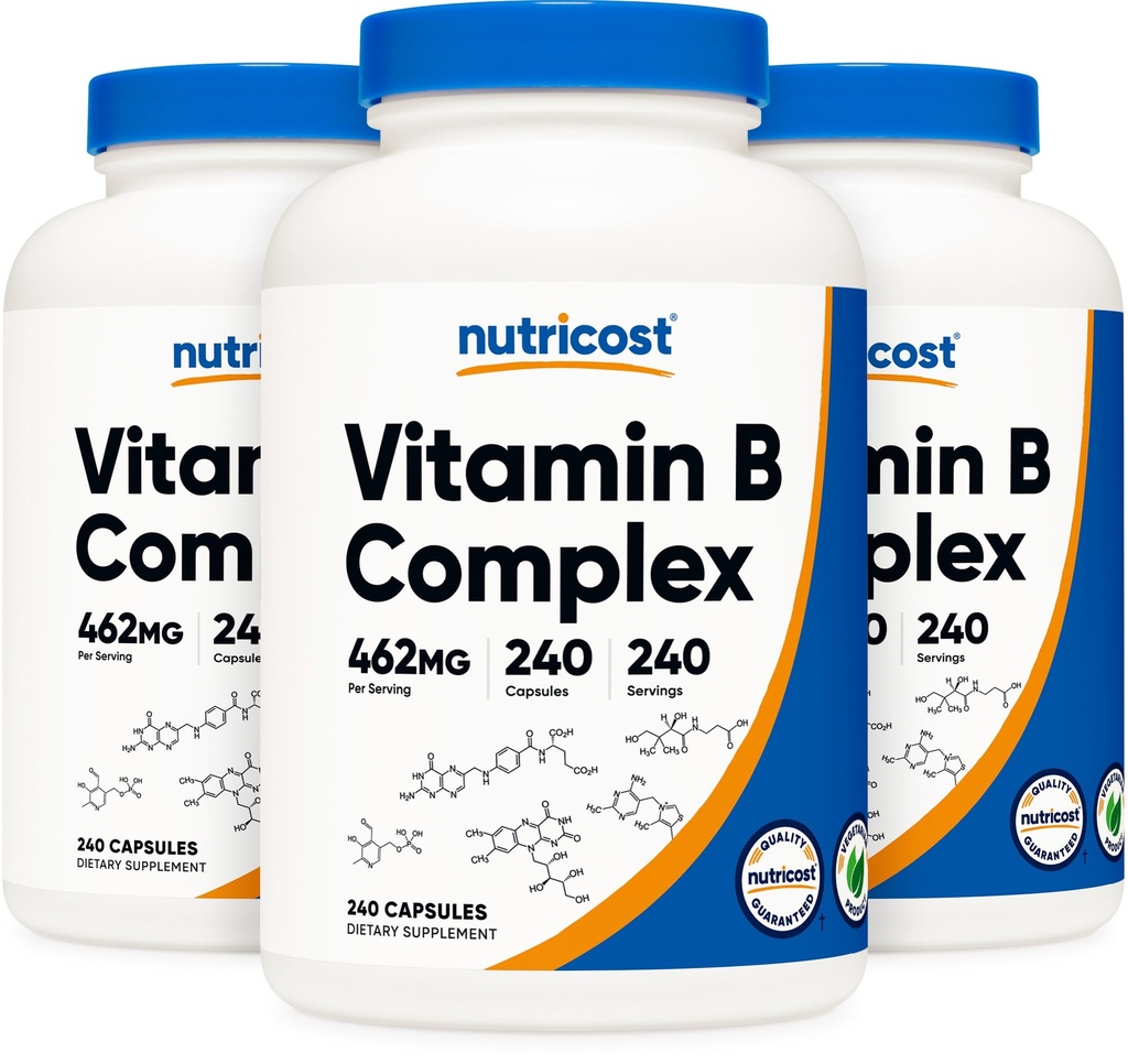 Nutricost Visoka moč Vitamin B Complex 462mg, 240 Kapsule (3 steklenice) - z vitaminom C