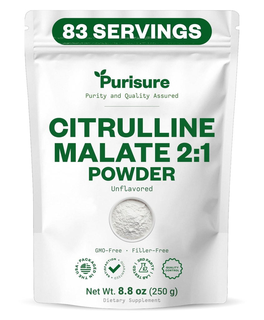 Purisure L-Citrulin prašek 250g, Premium citrulin 2:1 Malate dodatek za moč in energijo, pred-workout citrulin malate prašek - Izboljšati mišične črpalke in regeneracijo - 83 Serving