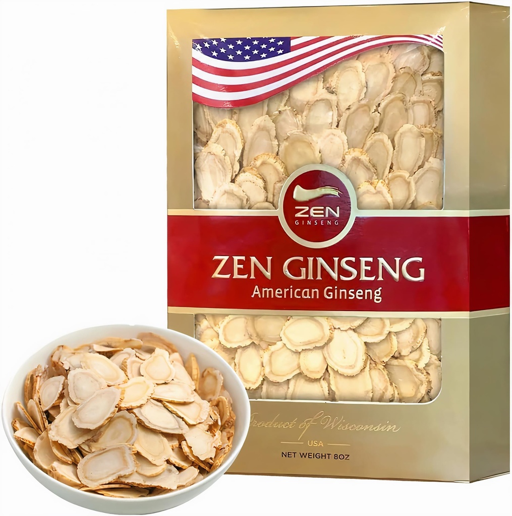 Zen American Wisconsin Ginseng Slices — Izboljšana energija, zmogljivost, & Duševno zdravje za moške in ženske (8oz. Polje)