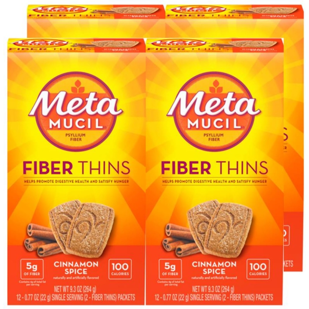 Metamucil Fiber Thins, Daily Fiber Supplement Prigrizek, Psyllium Husk Powder, 5g Fiber na Serving, Podpira Prebavno zdravje in zadovoljstvo Lakota, Cimet Spice Flavor, pakiranje po 4, 12 Služi vsak