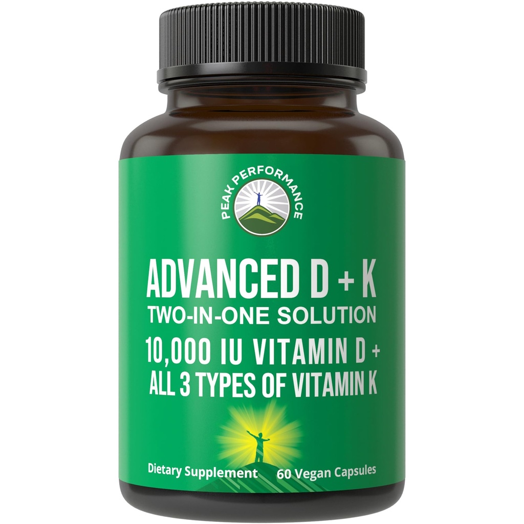 Vrhunska zmogljivost Napredni vitamin D 10000 i.e. z vsemi 3 vrstami vitamina K - 10.000 vitamina D3 in vitamina K2, K1, MK-7 (MK7), MK4 kapsule dodatek - 60 majhne tablete in tablete za enostavno požiranje
