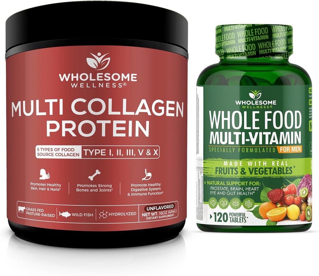 Večkolagenski proteini v prahu, hidrolizirani (tip I III V X) + celi prehranski multivitamin za moške - naravni multi vitamini, minerali, organski ekstrakti