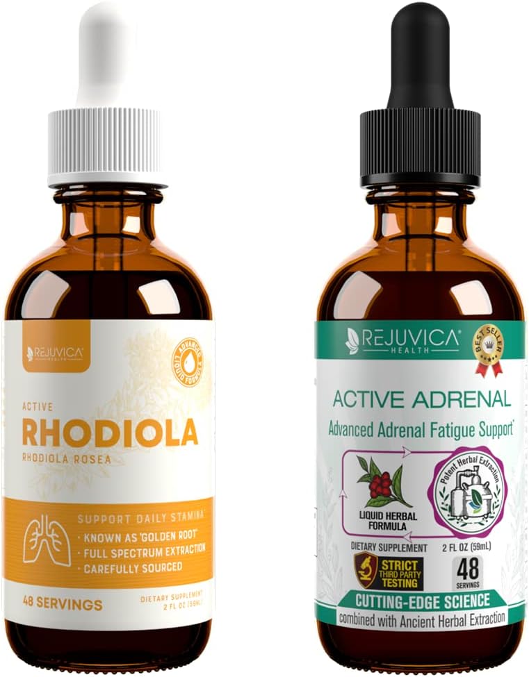 Rejuvica Zdravje Aktivna Rhodiola + Aktivna nadledvična - Podpora Energija + Stres - Tekoča dostava za boljšo absorpcijo - Rhodiola, Ashwagandha, Sveti Basil & Več!