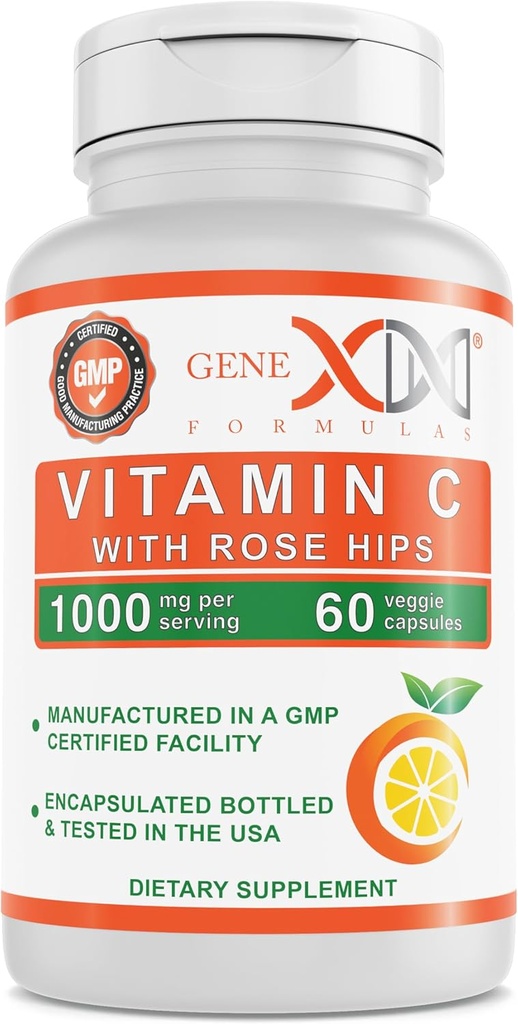 Genex formule 1000mg Vitamin C z Rose HIPS (60 kapsul) Podpira Zdrav imunski sistem - Non-GMO, Gluten Free, Vegan (60 dnevna oskrba)