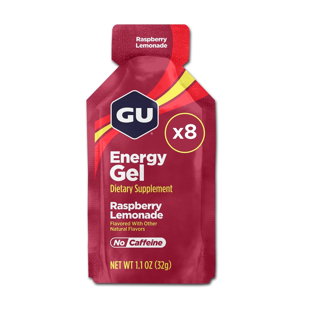 GU Energija Original Sports Nutrition Energy Gel, 8-Count, Vegan, Gluten-free, Kosher, in Dairy-free On-The-Go Energija za vse vadbe, Raspberry Lemonade