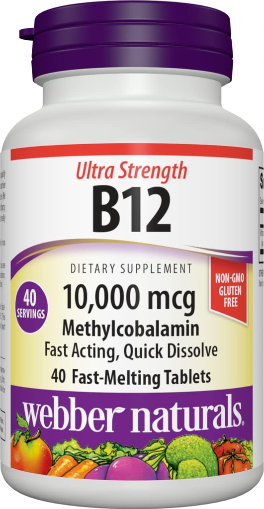 Webber Naturals Vitamin B12 10,000 mcg, Ultra Strength, 40 Count, Fast Dissolve B12 Sublingual Tablets, Vitamin Supplement for Energy Support, Immune Support Supplement, Vegan B12