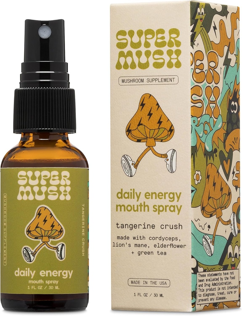 SuperMush Daily Energy Mouth Spray - Gobe dodatek - Levi Mane & Cordyceps Mešane gobe Izvleček Čisti tekoči razpršilci za fokus, Stamina & Clarity - 30ml Organic Lions Mane Fungi Spray