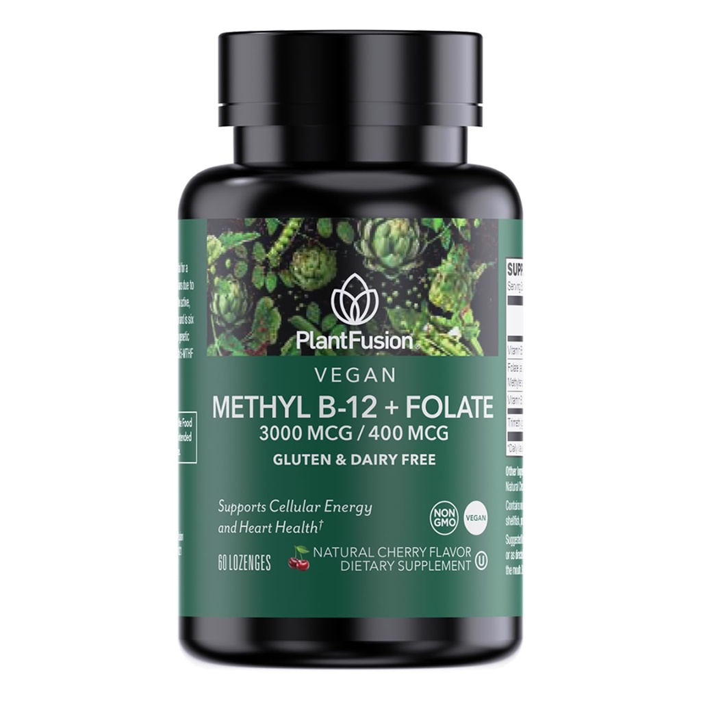 PlantFusion Metilirani kompleks vitamina B – Vegan B12 3000mcg, Vegan Metilfolat (5-MTHF) 400mcg, B6 & TMG – Češnjevo-slavne Lozenges – 60 Count