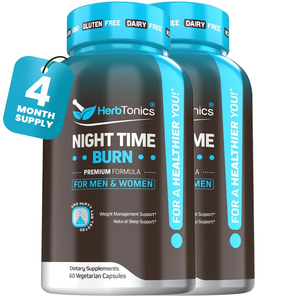 Herbtonics Nočni čas Burn & Sleep Complex podpira Presnova čez noč, Stres Relief & Deep Sleep. Vključuje melatonin, valerijski in zeleni čaj – vegansko upravljanje teže v postelji (120 kapsul)