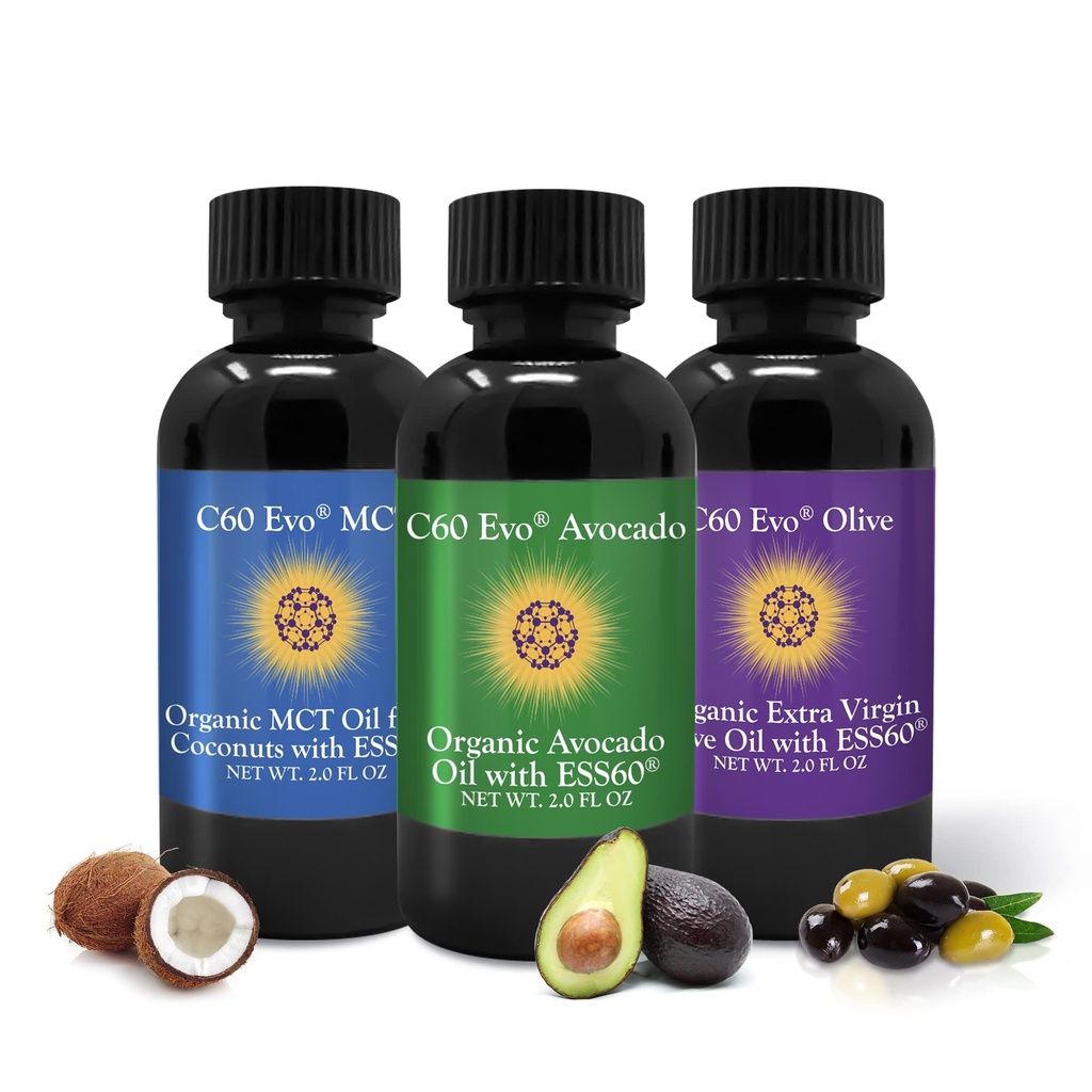 C60 Evo Vsenaravna užitna olja, Mini olje vzorčevalnik Set s čisto C60 ESS60, Imunska podpora in skupni dodatek za podporo z oljčnim oljem, Avocado Oil & MCT Kokosovo olje, Set 3, 2 oz