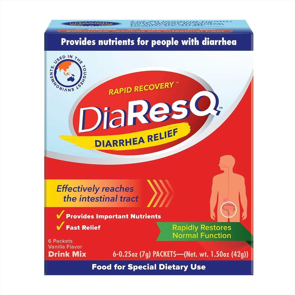 DiaResQ driska in imunosupresivna pijača Colostrum mešanica za odrasle, 6 Ct, hitro okrevanje, pomaga obnoviti normalno črevesno funkcijo, vanilija aroma