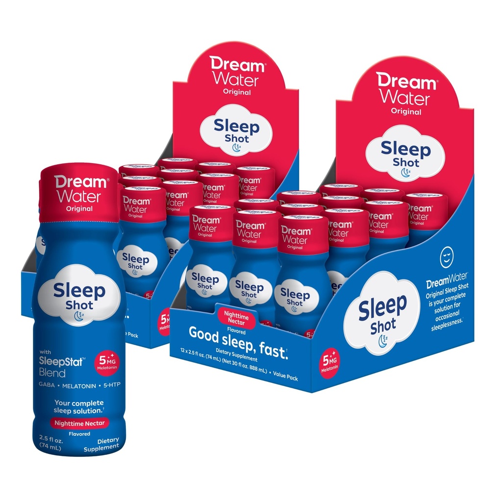 Dream Water Aid Supplement Drink; Melatonin 5mg, GABA, 5-HTP; Nič sladkorja, Naravni okusi, Brez dodanih barv, 2.5 oz tekoče spanje posnetkov, Nighttime Nectar, 24-Count