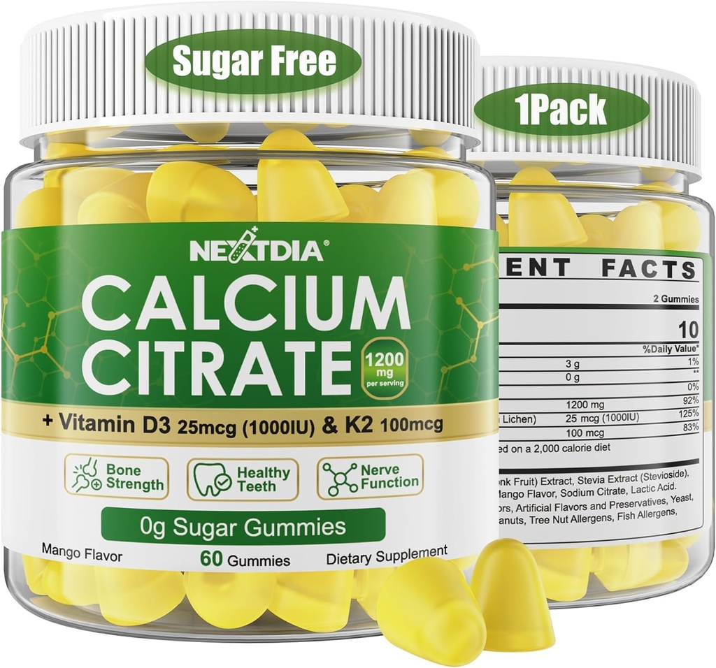 Kalcijev citrat Gumies 1200mg z vitaminom D3 K2, žvečljivi kalcijevi dodatki za ženske in moške, visoka moč podpora B0ne, Te*th, moč in imuno zdravje, mango aroma, ne-GMO, sladkor brez, 60 Cts
