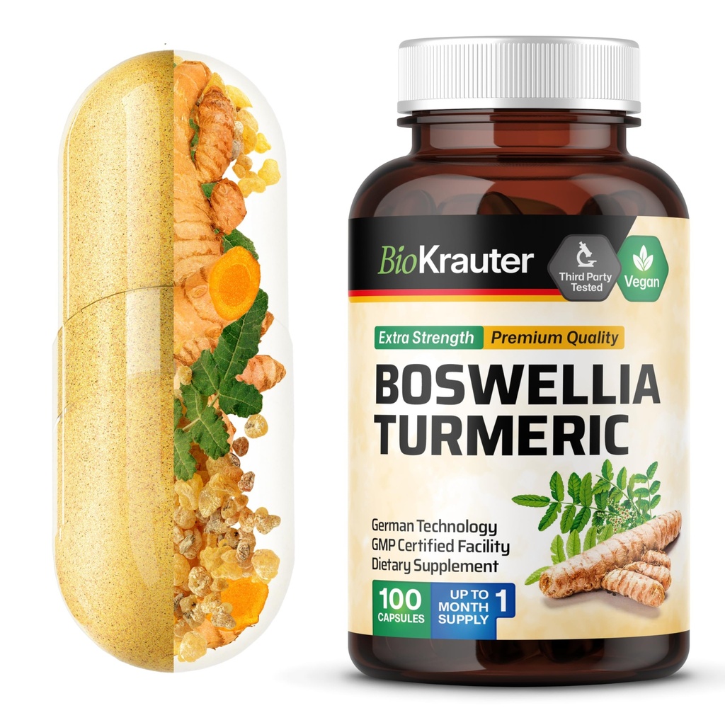 BIO KRAUTER Turmeric dodatek z Boswellia Extract kapsule - 2000 mg Mešanica - 100 Count - Vegan Boswellia Turmeric (Curcumin) - Formula w/Črna paprika
