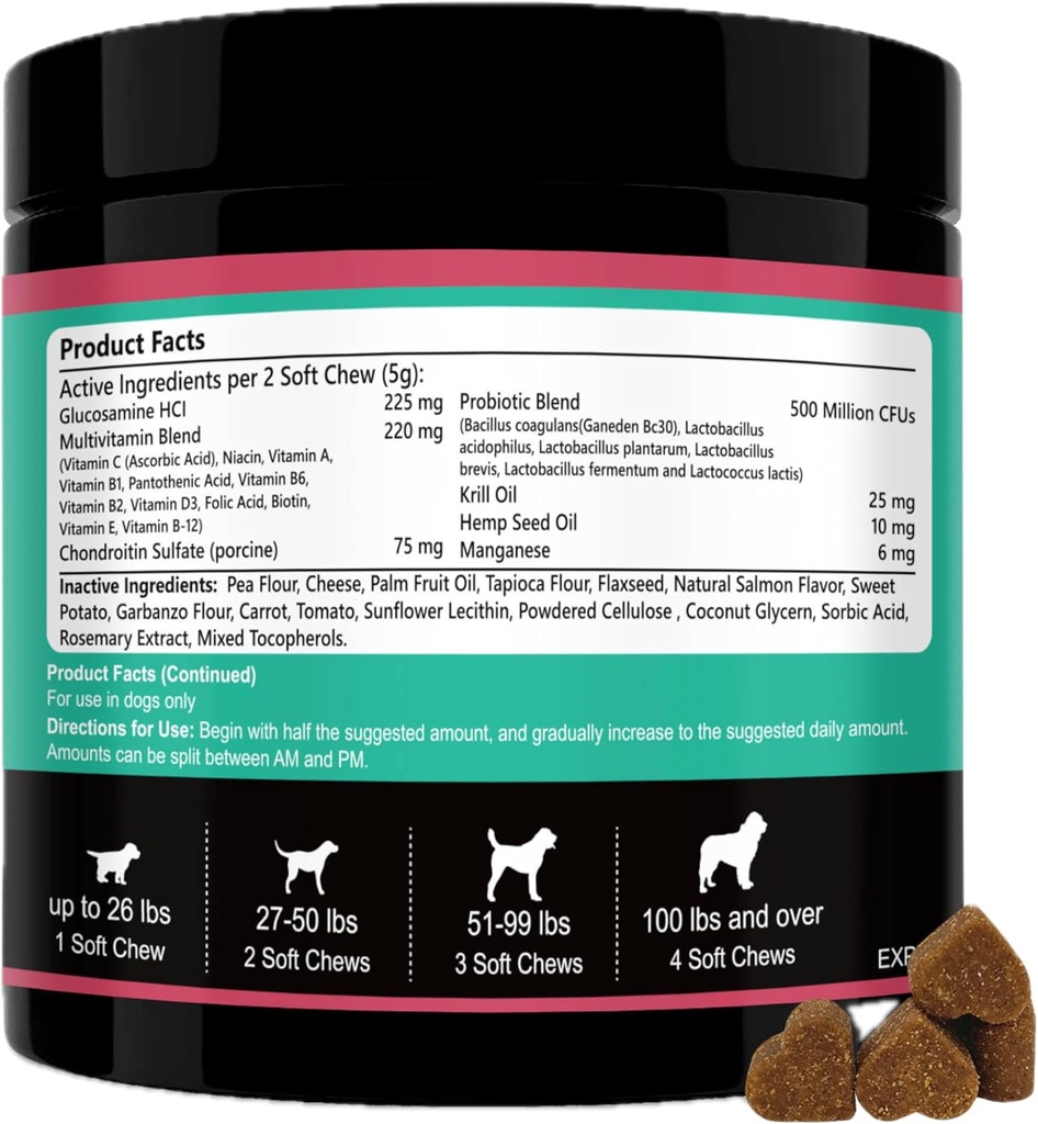 Dog Multivitamini Žvečljivi - 15 v 1 pes Vitamini Multivitaminski za zdravje srca - Omega 3 Olje za kožo in plašč, Chondroitin in glukozamin za pse Skupni in mobilnost, Probiotiki - 120ct