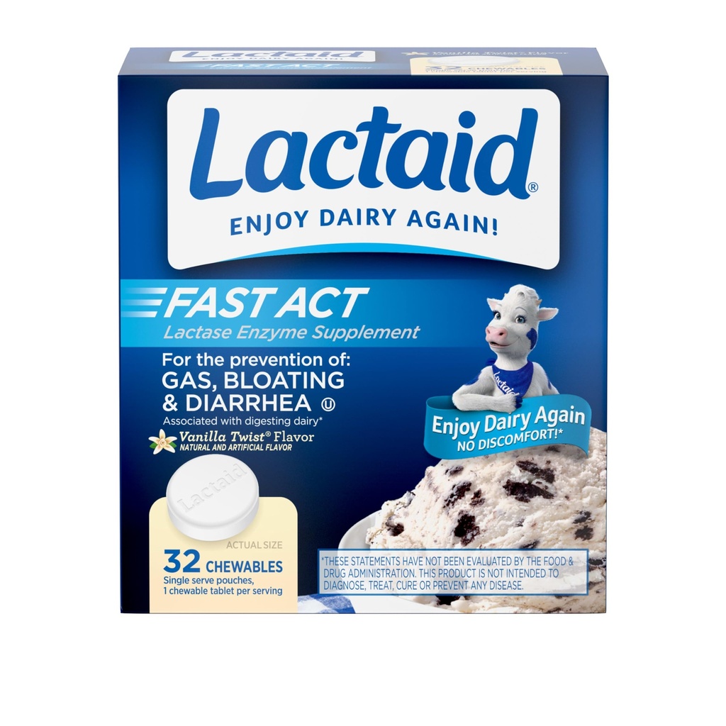 Lactaid Fast Act Laktoza Intolerance Relief Žvečilni žvečilni materiali z naravno encima laktaze za preprečevanje plina, napenjanje in driska zaradi občutljivosti laktoze, na- go, Vanilla Twist Flavor, 32 x 1 ct