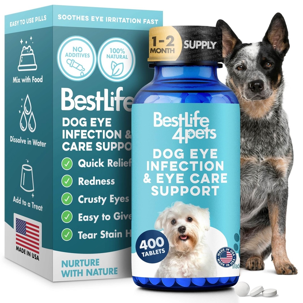 Dog Eye Infection & Eye Care Supplements, Naravne olajšave od konjunktivitis, otekanje, Tear Stains, suhe oči in razelektritev, enostaven za uporabo, Nič več boj s pasjimi kapljicami, 400 majhne tablete