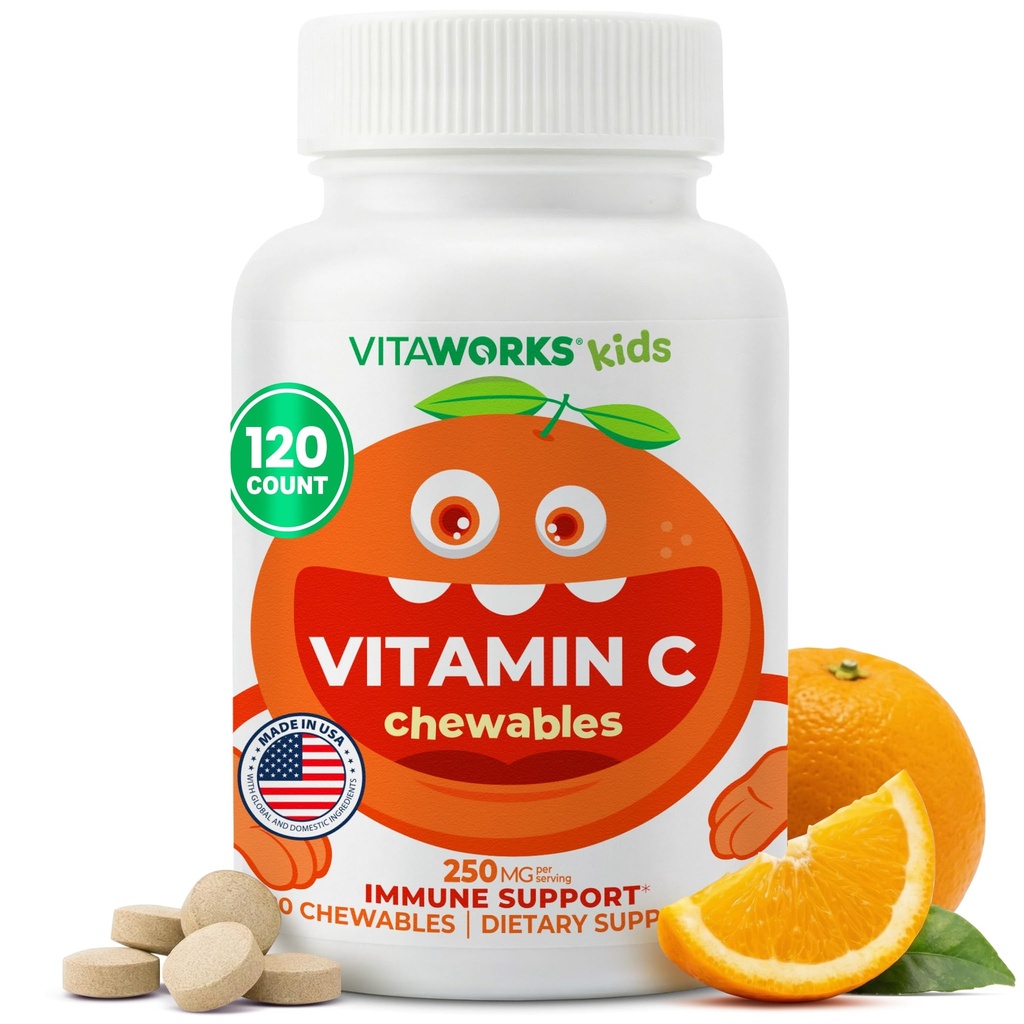 Otroci Vitamin C Žvečljive tablete 250mg - Vegan, brez GSO, brez glutena, brez oreščkov - prehranska dopolnila za podporo imunskemu zdravljenju - za otroke 120 Žvečljivi
