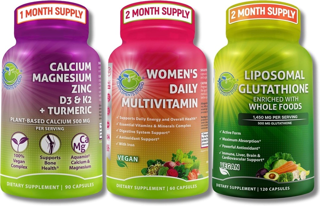 Ženski multivitamin, kalcij in liposomski glutation trio - na rastlinah temelječi kalcij, magnezij, cink, D3, K2 in kurkuma + ženski dnevni multivitamin z železom + liposomski glutation 500 mg