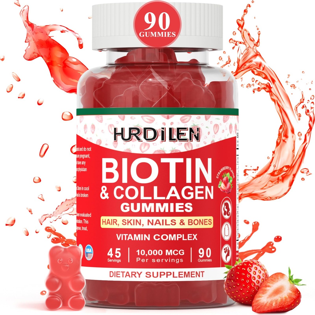 Koža las in nohti Gumies, 10000mcg Biotin Collagen Gumies za ženske in moške, Vitamin dopolnila podpira hitrejšo rast las, močnejši nohti, zdravo kožo, moč kosti, 90 Gumies