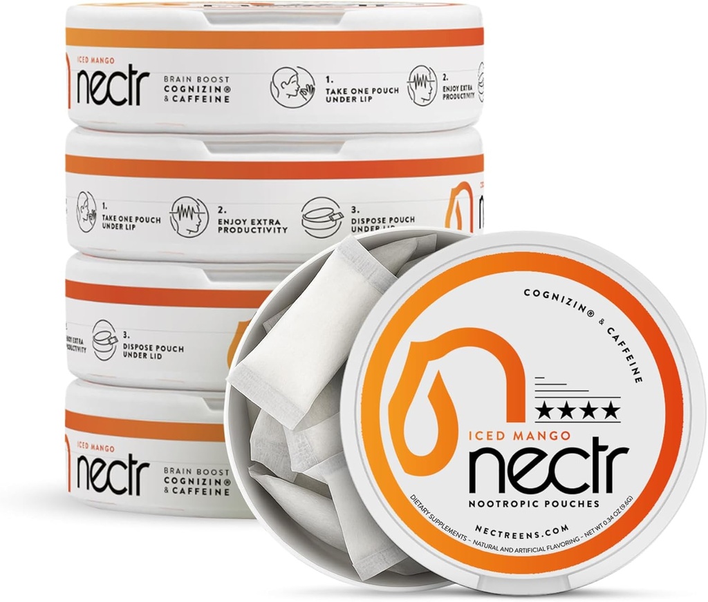 Nectr Energy Nootropic Pouches – Ledeni mango arome, Kofeinske vrečke s Cognizin® Citicoline. Sladkor brez možganov. Gladek, trajen dodatek za fokus in energijo - 5 Pucks of 16pcs