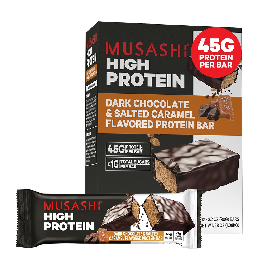 MUSASHI High Protein Bar, 45g Beljakovine, < 1g skupni sladkorji, temna čokolada in soljena karamela, post vadba in beljakovinski prigrizek na Go, 12 Pack 3,2oz (90g) Bari
