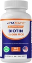 Vitamatski Biotin 10.000 mcg (10 mg) za močnejše lase, kožo in nohte - 365 Veganske tablete - imenovan tudi vitamin B7