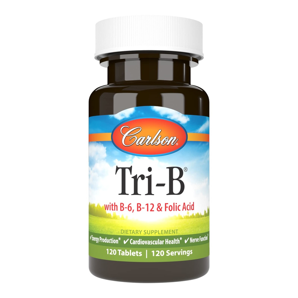 Carlson - Tri-B, Vitamin B Complex, 25 mg Vitamin B-6, 400 mcg Vitamin B-12, Folna kislina Energijske tablete, Spodbujanje kardiovaskularnega zdravja, B Complex Vitamini, B12 dodatek, B Vitamin Complex, 120 Tablete