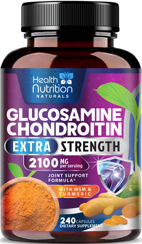Glukozamin Chondroitin 2100mg - 3X Strength Joint Supplement with MSM, Glukozamin Sulfat, Kurmer, Boswellia, Quercetin for cartilage, Fleksibilnost in mobilnost, Ustekleničen v ZDA, 240 Kapsule