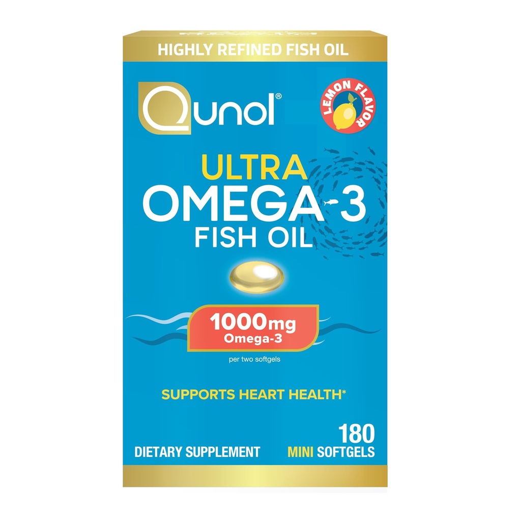 Qunol Fish Oil Omega 3 Mini Softgels, 1000mg Omega 3 EPA + DHA, Ultra Pure dodatki, Heart Health Support, Lemon Flavor, Enostavno pogoltniti Minis, 3 Mesec dobave, 180 Count