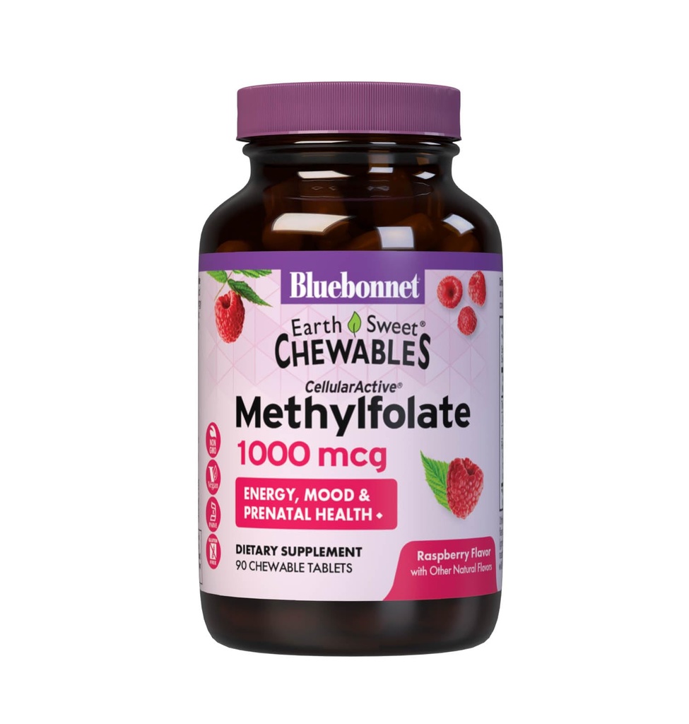 Bluebonnet EarthSweet Metilfolat 1000 mcg Celularni aktivni koencim 5-MTHF L Metil Folat Dodatek - Prenatalna in energijska podpora - Non-GMO, Vegan, Gluten-free - Raspberry - 90 Žvečljive tablete