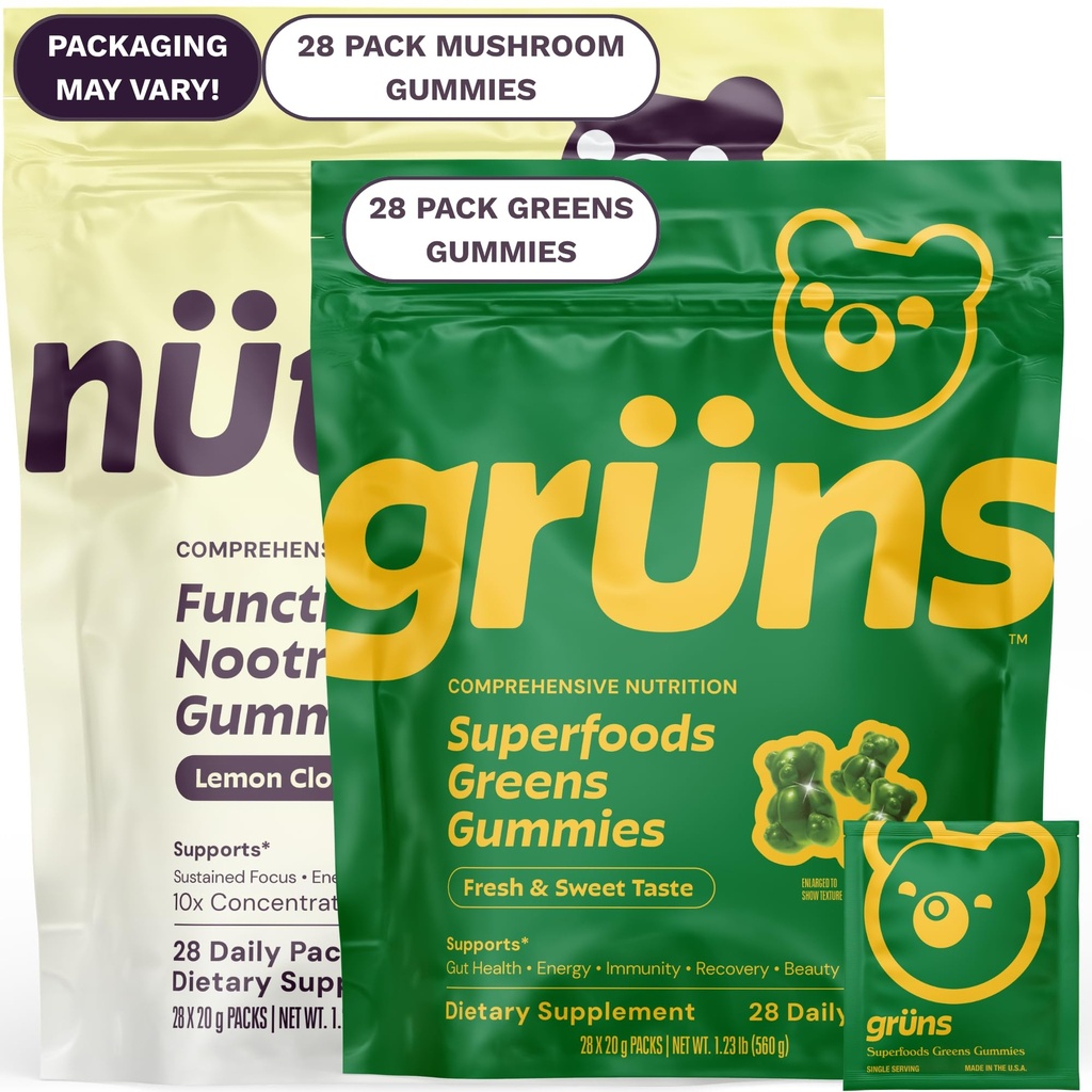 Gruns Superfood Green + New Nütrops Gummy Bundle, Organski prehranski dodatek 2 x 28 Pakiranje: Multivitamin, prebiotiki, adaptogeni + Nootropic gob Zeliščni dodatek za podporo Mood, Focus, Gut