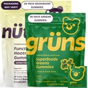 Gruns Superfood Green + New Nütrops Gummy Bundle, Organski prehranski dodatek 2 x 28 Pakiranje: Multivitamin, prebiotiki, adaptogeni + Nootropic gob Zeliščni dodatek za podporo Mood, Focus, Gut