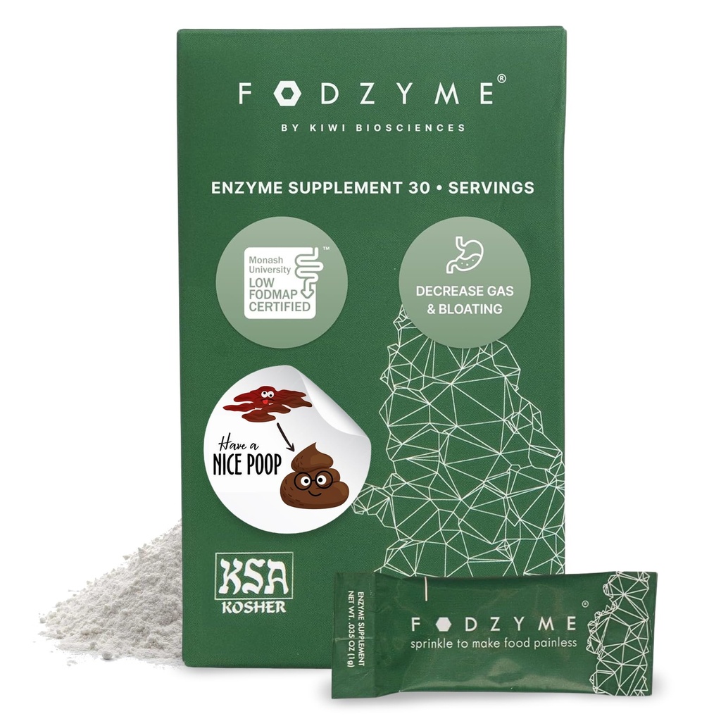 FODZYME® On-The-Go Prebavne encime za zdravje črevesja, lajšanje napihnjenosti, plina, zaprtje, driska, bolečine v trebuhu, nizek FODMAP, 30 odmerkov