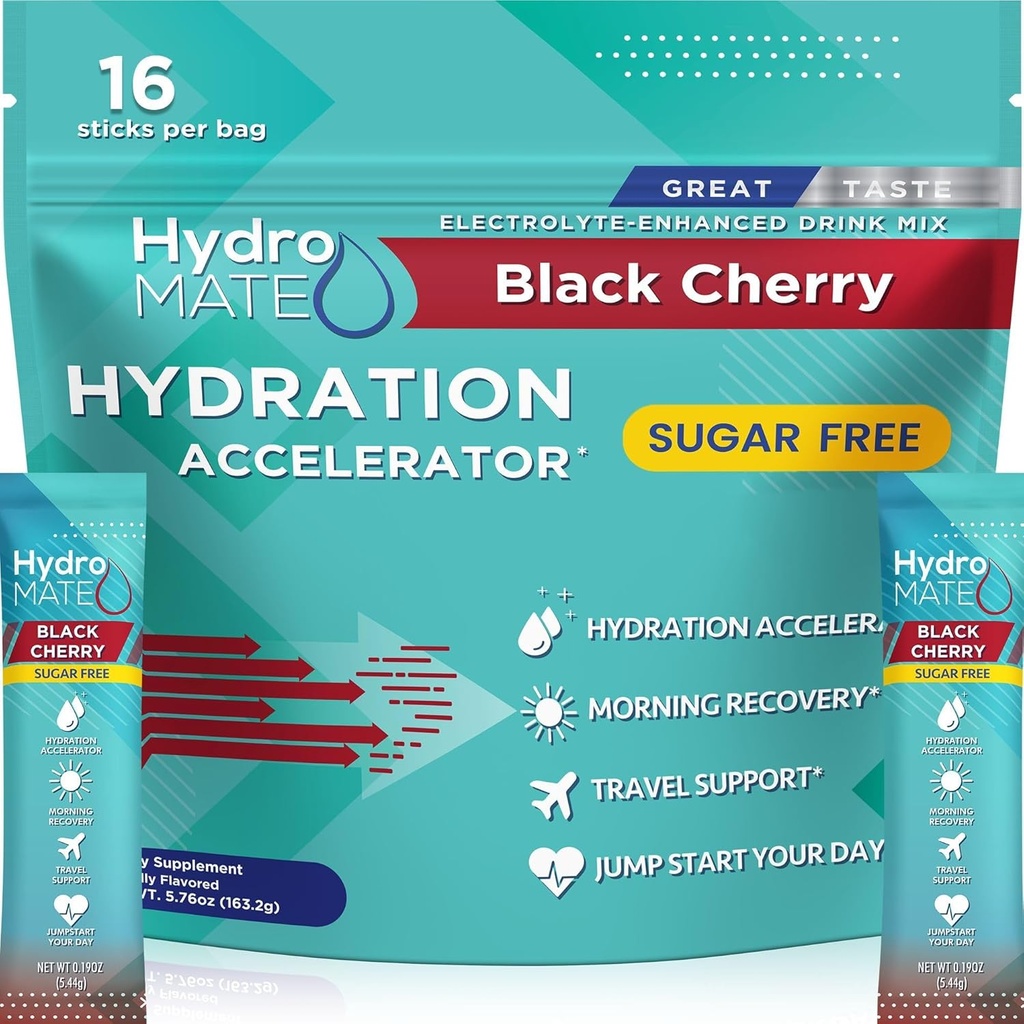 Elektrolit v prahu Brez sladkorja Hidracija Packets Črna Cherry HydroMATE 16 palice