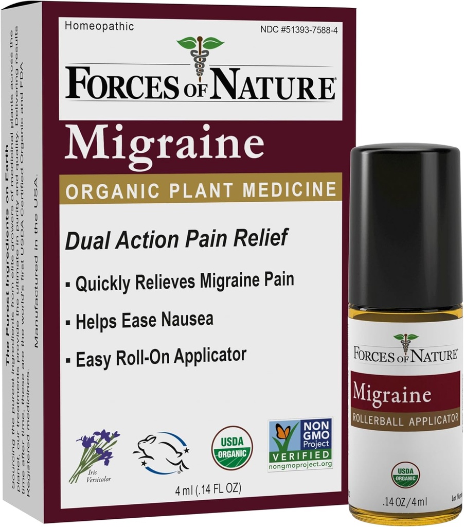 Naravne sile naravne, organske migrene bolečina Relief Topical Roll-on, Podpira Prodrome, Aura, Glavobol, Utrujenost, Svetloba in Zvočna občutljivost, Slabost povezana z migrene, Non-GMO, 0.14 Fl Oz