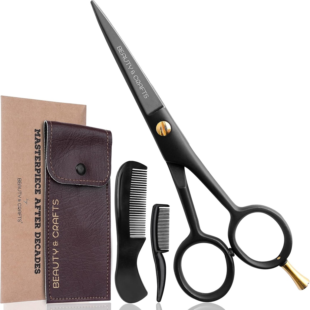 Beauty & Crafts- 5' Nemška brkavica Škarje - 2 Mustache Comb za obrazne lase z lepim Pouch - Brada Trimming škarje Uporaba za rezanje, rezanje in Stiling Mustache (črna)