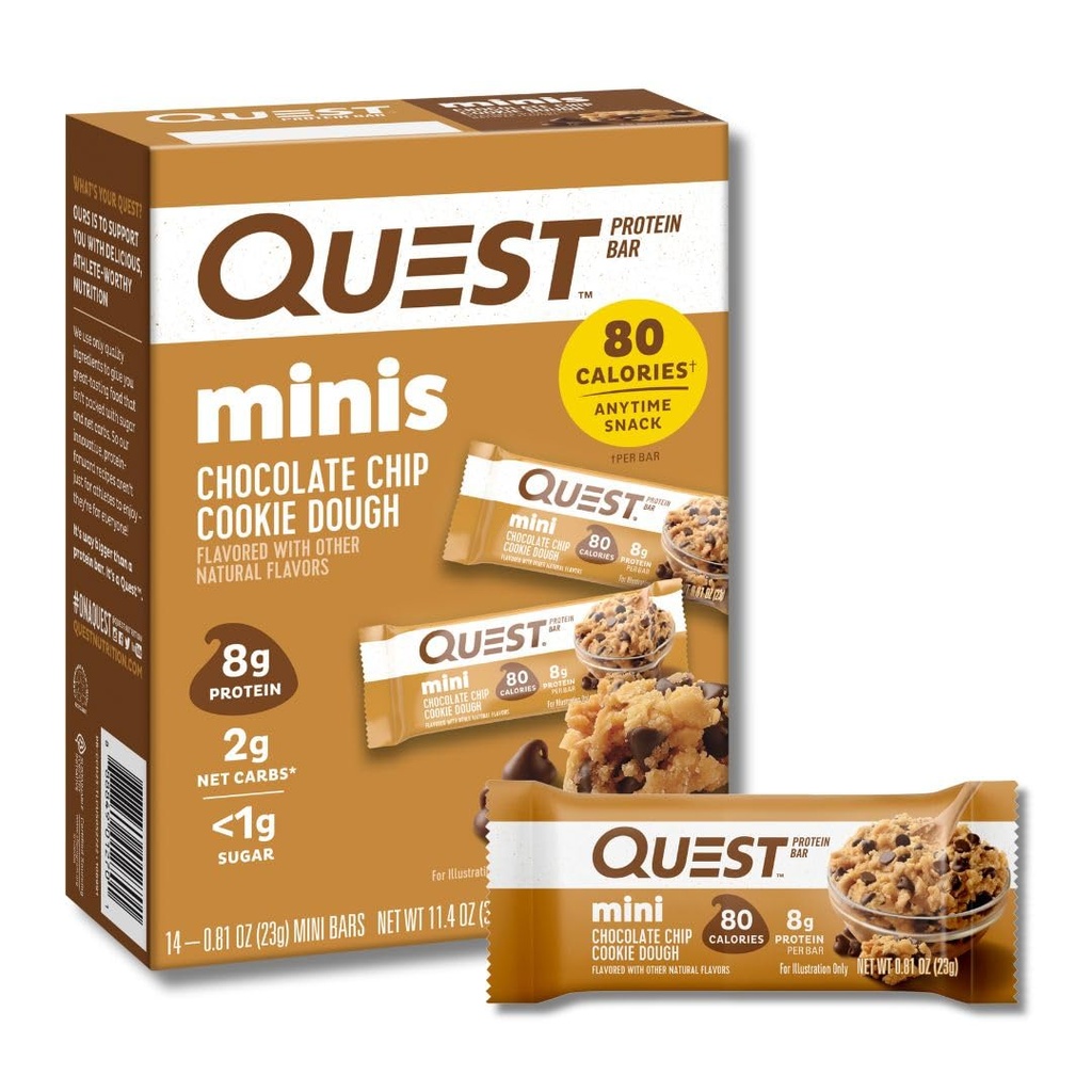 Quest Nutrition Mini Chocolate Chip Cookie Dough Protein Bars, 8g Beljakovine, 1g sladkorja, 2g neto ogljikovih hidratov, Gluten brez, 14 Število