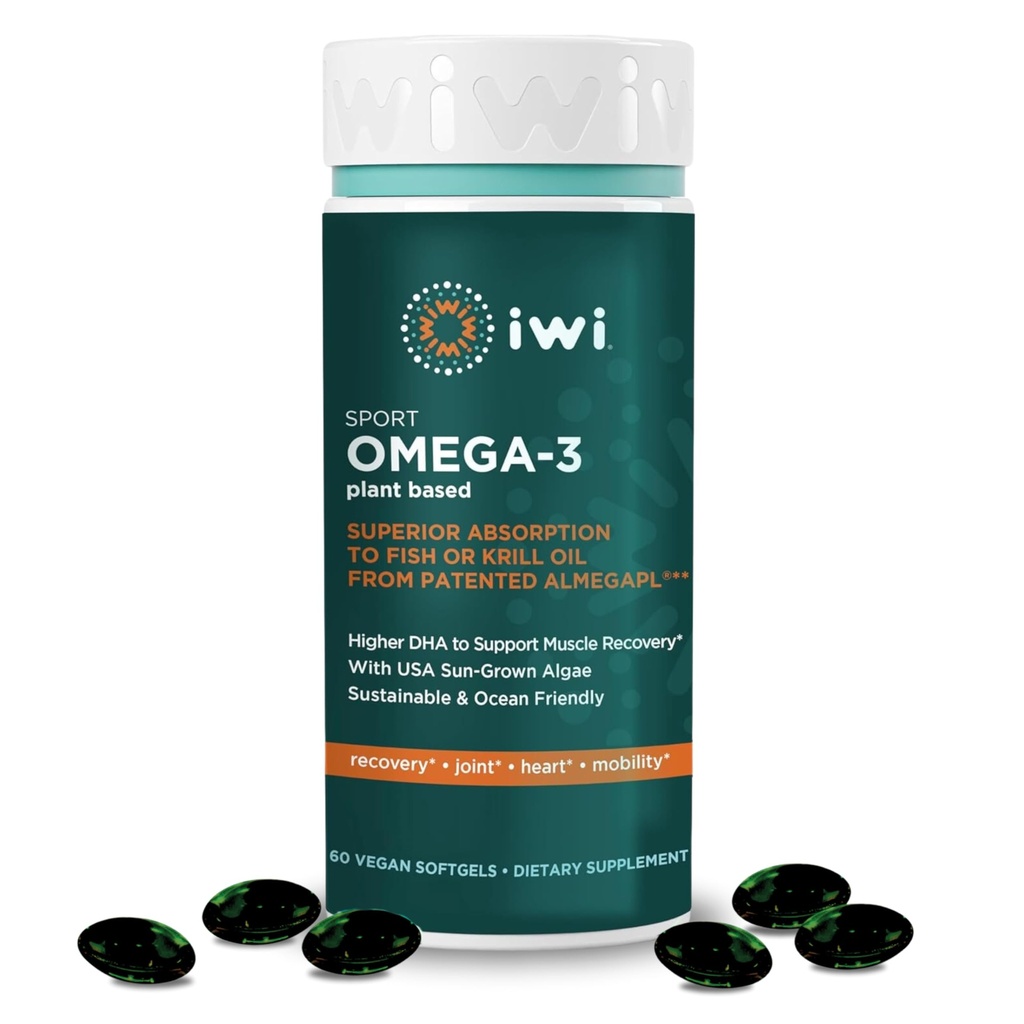 Iwi Omega-3 Sport, 60 Softgels (30 servings), Rastlinsko-bazni Vegan Algae Omega 3 z DHA, Podpora za regeneracijo vaje Prehranska dopolnila, Krill & ribje olje Alternative, Brez ribjega pookusa